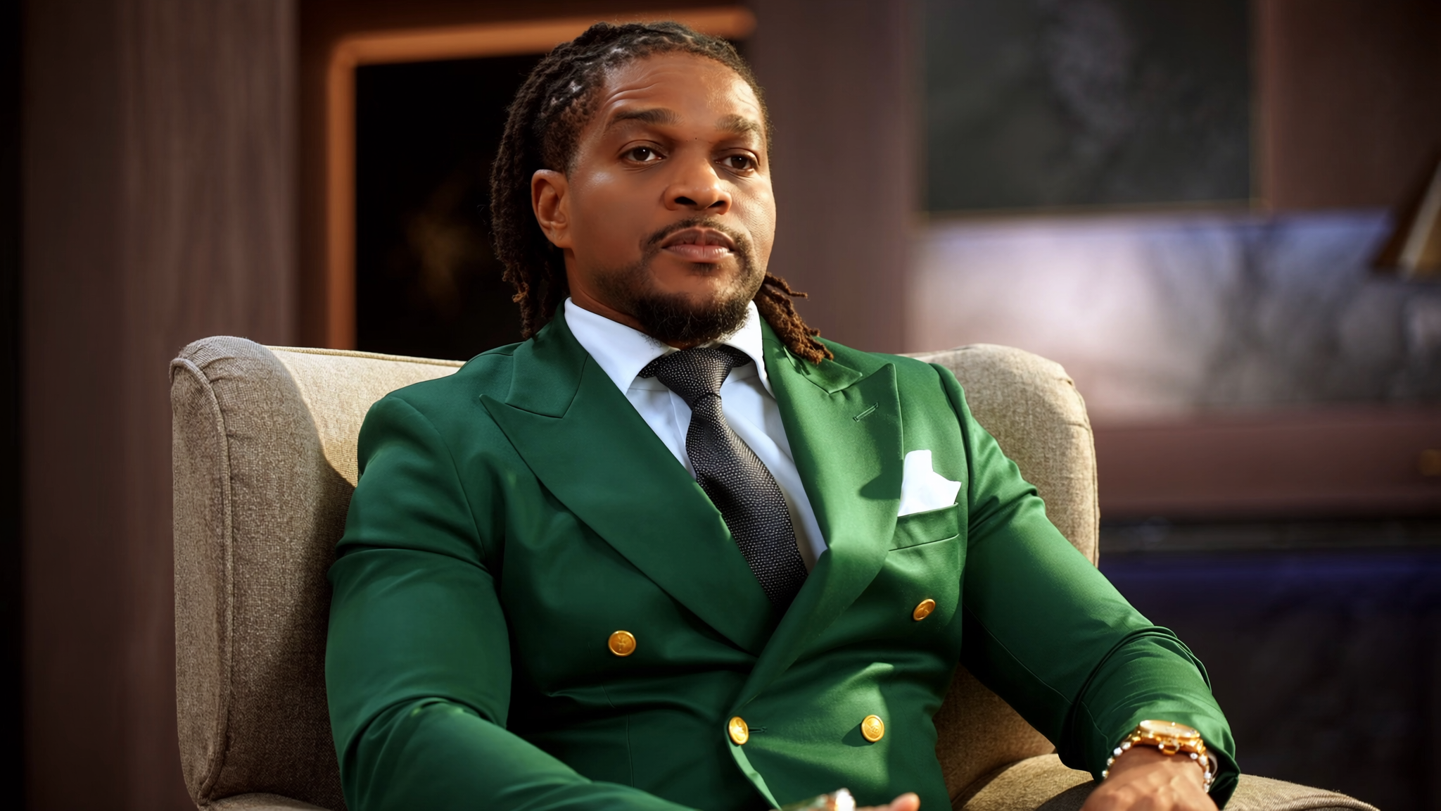 rev-benton-opene-luxington-performance in a green suit sitting on a couch in an indoor setting